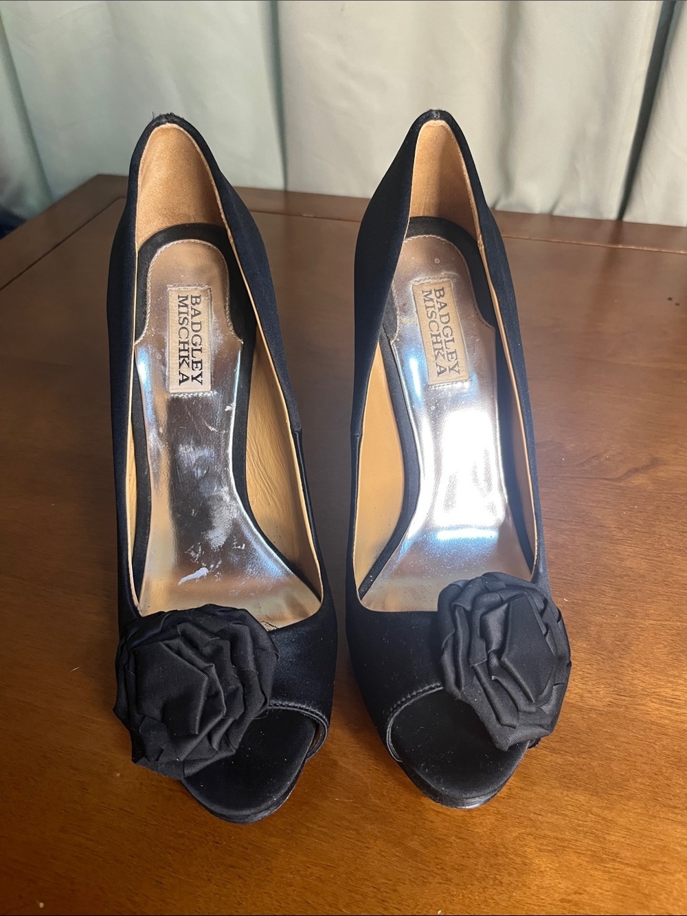 Badgley Mischka Black Satin Peep-Toe Heels with Rosette